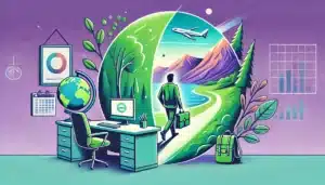 Illustration cartoon représentant la durée d'un congé sabbatique, montrant un salarié quittant son bureau pour explorer des projets personnels comme le voyage et la nature. Les couleurs dominantes sont le vert et le violet.