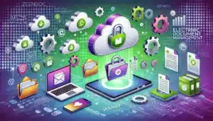 Illustration cartoon représentant Zeendoc, une solution de gestion électronique de documents, avec des éléments symbolisant le stockage sécurisé, l'accessibilité mobile et les workflows automatisés, sur un fond aux couleurs vert et violet.