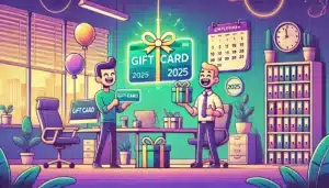 Illustration cartoon d'un bureau moderne où des employés reçoivent des bons d'achat pour 2025, symbolisant la limite d’exonération des bons d’achat 2025, dans un cadre festif avec des ballons et des couleurs dominantes vert et violet.