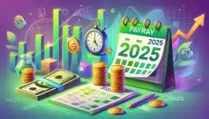 Illustration colorée et en mode cartoon représentant les nouveautés paie 2025, avec des éléments visuels comme un calendrier 2025, des graphiques sur une tablette et des pièces de monnaie, le tout sur un fond vert et violet symbolisant les mises à jour financières.