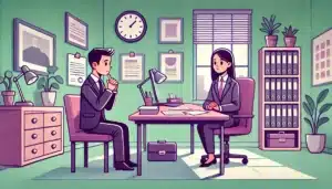 Illustration cartoon d'un entretien professionnel représentant la procédure de licenciement pour insuffisance professionnelle, avec deux personnes discutant dans un bureau formel, mettant en avant une ambiance sérieuse et professionnelle.