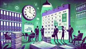 Illustration cartoon représentant la prolongation des taux de cotisation AT/MP 2025, avec des documents législatifs, une horloge symbolisant un délai et des personnes en discussion dans un cadre professionnel, mettant en avant la stabilité et la préparation.