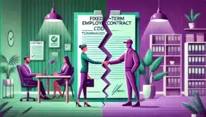 Illustration cartoon représentant la rupture d'un contrat à durée déterminée (CDD) dans un cadre professionnel, avec un document déchiré symbolisant la fin du contrat, et un employeur et un salarié se serrant la main en signe d'accord. Les couleurs dominantes sont le vert et le violet.