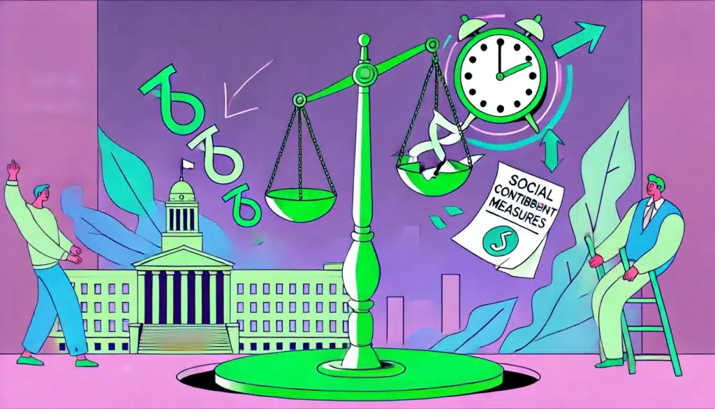 Illustration en mode cartoon représentant la suspension des mesures sur les cotisations sociales, avec une balance de justice verte et violette, des documents juridiques déchirés, un bâtiment gouvernemental en arrière-plan et une horloge arrêtée, symbolisant l'incertitude et les impacts du rejet parlementaire.