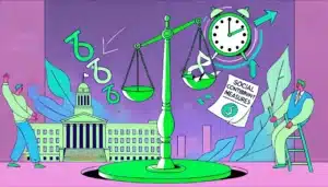 Illustration en mode cartoon représentant la suspension des mesures sur les cotisations sociales, avec une balance de justice verte et violette, des documents juridiques déchirés, un bâtiment gouvernemental en arrière-plan et une horloge arrêtée, symbolisant l'incertitude et les impacts du rejet parlementaire.