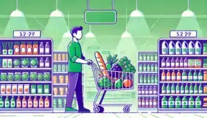 Une personne faisant ses courses dans un supermarché, poussant un chariot rempli de produits alimentaires, illustrant les changements à venir pour l'utilisation des titres-restaurant en 2025.