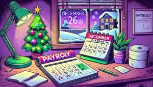 Illustration cartoon d'un bureau avec des documents de paie, un calendrier marqué au 26 décembre férié, et un décor hivernal avec un sapin de Noël et des flocons de neige visibles à travers une fenêtre.
