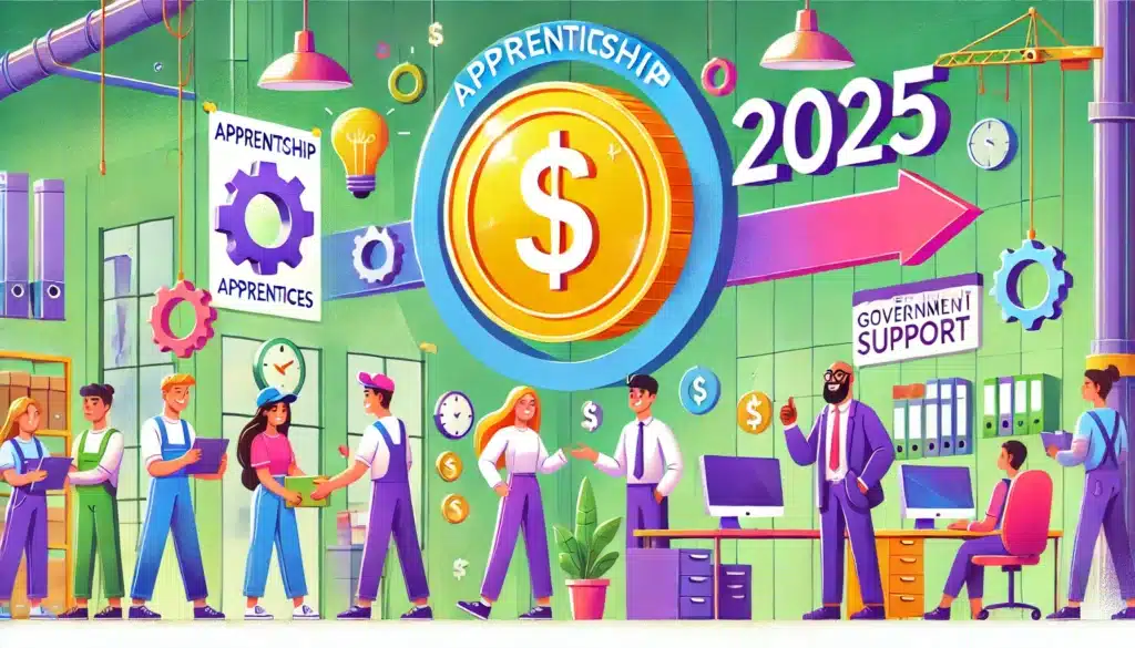Illustration cartoon colorée sur les aides à l'embauche des apprentis en 2025, montrant une collaboration entre un employeur et un apprenti dans un cadre professionnel avec des symboles financiers.