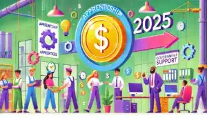 Illustration cartoon colorée sur les aides à l'embauche des apprentis en 2025, montrant une collaboration entre un employeur et un apprenti dans un cadre professionnel avec des symboles financiers.