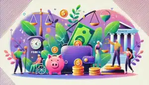 Illustration cartoon de l'Allocation aux Adultes Handicapés 2025, montrant une balance de justice avec des pièces de monnaie, un portefeuille, et des personnages inclusifs symbolisant l'aide financière et l'équité, dans des tons verts et violets.