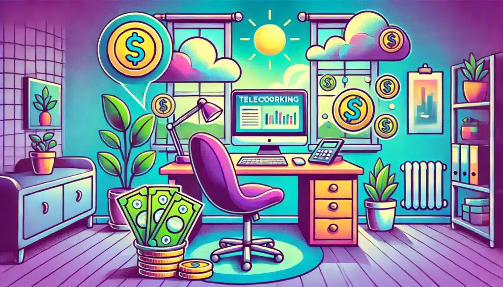 Illustration en mode cartoon d'un espace de télétravail représentant le concept d'allocation forfaitaire télétravail 2025, avec un bureau, un ordinateur, des pièces et des billets symbolisant les indemnités, dans une ambiance dominée par des couleurs vertes et violettes.