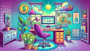 Illustration en mode cartoon d'un espace de télétravail représentant le concept d'allocation forfaitaire télétravail 2025, avec un bureau, un ordinateur, des pièces et des billets symbolisant les indemnités, dans une ambiance dominée par des couleurs vertes et violettes.