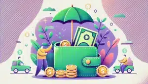 Illustration cartoon représentant l'Allocation de Solidarité Spécifique (ASS) avec un portefeuille ouvert rempli de pièces et de billets, protégé par une figure symbolique tenant un parapluie, symbolisant l'assistance financière et la sécurité.