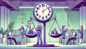 Illustration cartoon sur l'augmentation de la durée annuelle du travail, montrant un bureau moderne avec des employés discutant du temps de travail. Une balance symbolise l'équilibre entre surcharge de travail et bien-être, avec un employé stressé d'un côté et un autre détendu de l'autre.