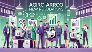 Illustration cartoon représentant les catégories objectives AGIRC-ARRCO, avec des employés diversifiés dans un environnement professionnel, symbolisant les nouvelles réglementations et la mise à jour des régimes complémentaires.