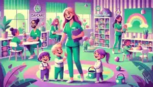 Illustration cartoon représentant un environnement de crèche ou micro-crèche coloré et accueillant, avec des professionnels interagissant avec des enfants, symbolisant l'intégration des crèches dans la CCN SAP.