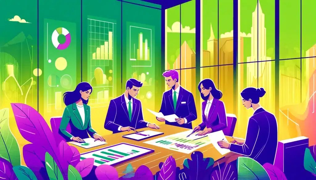 Illustration cartoon d'une réunion professionnelle dans un bureau moderne, mettant en scène des cadres examinant des documents et des graphiques, représentant la préparation des entreprises face à la disparition de l'article 36 de la convention AGIRC. Les couleurs dominantes sont le vert et le violet.