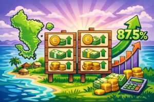 Illustration en style cartoon montrant l’évolution du SMIC à Mayotte depuis 2017, avec une hausse progressive des salaires et une trajectoire de convergence jusqu’en 2026.