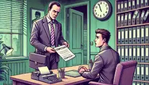 Illustration cartoon d'une réunion tendue dans un bureau entre un employeur et un salarié, symbolisant un licenciement pour faute lourde, avec des couleurs dominantes vertes et violettes.