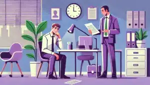 Illustration cartoon d'un bureau professionnel représentant une situation de licenciement pour faute simple, avec un employé concerné assis à son bureau et un manager locataire un document, dans une ambiance dominée par des tonnes