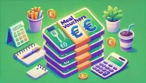 Illustration cartoon représentant des titres-restaurant empilés avec des symboles monétaires, un environnement de bureau en arrière-plan et une palette de couleurs vert et violet, symbolisant la limite d'exonération des titres-restaurant en 2025.