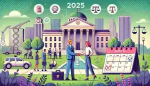 Illustration cartoon sur la réforme RSA 2025 montrant deux individus diversifiés se serrant la main devant un bâtiment symbolisant les services publics, entourés d’éléments d’insertion professionnelle tels qu’un ordinateur, une mallette et un calendrier.