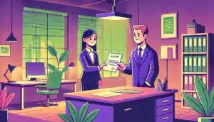 Illustration cartoon d'un employé recevant son solde de tout compte CDI dans un bureau professionnel, avec des couleurs dominantes vert et violet.