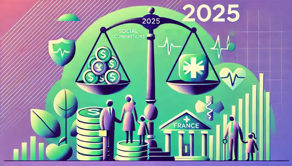 Illustration en style cartoon montrant des symboles financiers et sociaux, comme une balance, des pièces de monnaie, un symbole médical, et des silhouettes de famille et de personnes âgées, représentant les taux de cotisations 2025 en France, avec des couleurs dominantes vert et violet.