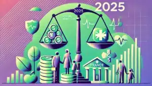 Illustration en style cartoon montrant des symboles financiers et sociaux, comme une balance, des pièces de monnaie, un symbole médical, et des silhouettes de famille et de personnes âgées, représentant les taux de cotisations 2025 en France, avec des couleurs dominantes vert et violet.