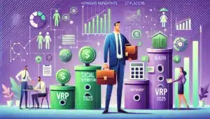 Illustration en mode cartoon représentant les taux de cotisations VRP 2025, avec des éléments symboliques comme des graphiques et des icônes de protection sociale, dans des tons verts et violets.