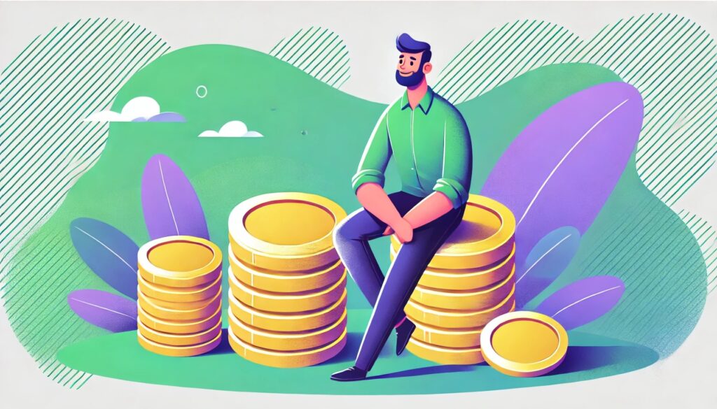 Illustration cartoon d’un homme assis sur une pile de pièces de monnaie, symbolisant un revenu équivalent à 1,6 SMIC, dans des tons dominants de vert et violet.