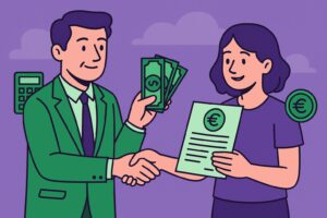 Illustration cartoon d'un salarié recevant un acompte sur salaire, avec un décor de bureau moderne et des couleurs dominantes vertes et violettes.