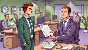 Illustration cartoon d'un avertissement au travail, montrant un manager remettant une lettre officielle à un employé dans un bureau, avec une atmosphère légèrement tendue.