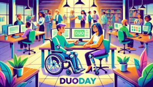 Illustration en style cartoon du DuoDay, représentant un bureau professionnel inclusif. Une personne en situation de handicap, utilisant un fauteuil roulant, collabore avec un professionnel à un bureau. L’ambiance est chaleureuse et dynamique, avec d’autres employés en arrière-plan travaillant ensemble. Les couleurs dominantes sont le vert et le violet, symbolisant l’inclusion et la diversité.
