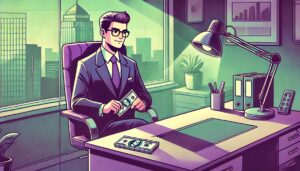 Illustration cartoon d’un homme en costume assis dans son bureau, tenant un billet d’argent, symbolisant la réforme de la prime de partage de la valeur (PPV). L’image présente une ambiance professionnelle avec des tons verts et violets.