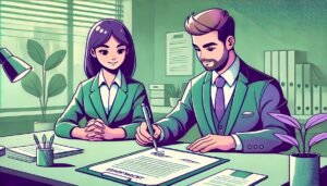 Illustration cartoon de deux personnes signant un contrat de travail, mettant en avant les éléments obligatoires d’un CDD dans un cadre professionnel, avec des couleurs dominantes vert et violet.