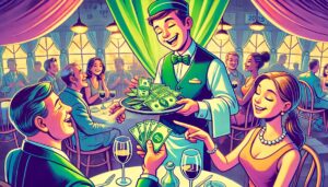 Illustration cartoon d’un serveur de restaurant souriant recevant des pourboires de clients satisfaits, symbolisant l’exonération pourboires 2025, avec des couleurs dominantes vert et violet.
