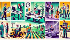 Illustration colorée en style cartoon représentant les différents motifs de recours CDD en France, avec des scènes montrant un remplaçant temporaire, un travailleur saisonnier, un ouvrier sur un chantier et un artiste en mission courte. L’image met en avant la diversité des emplois en CDD avec des couleurs dominantes vert et violet.