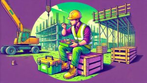 Illustration cartoon d’un ouvrier du BTP en train de manger son panier repas sur un chantier, assis sur une caisse en bois, avec un fond composé de matériaux de construction et d’une grue. Les couleurs dominantes sont le vert et le violet.