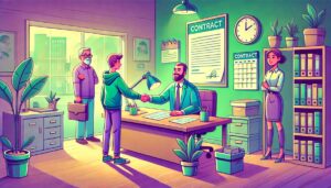 Illustration cartoon représentant une scène de signature pour rédiger un contrat d’apprentissage, avec un apprenti, un employeur et un mentor dans un bureau professionnel aux couleurs vert et violet. Un contrat est posé sur la table, symbolisant l'engagement et la formation en alternance.