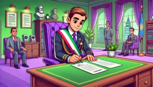 Image en style cartoon représentant un maire qui signe un contrat par rapport à ses absences pour activités politiques.