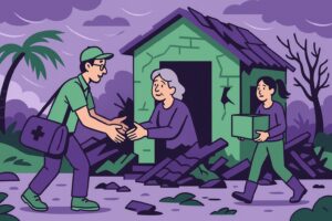 Illustration cartoon représentant une scène d'entraide dans le cadre d’un Congé pour catastrophe naturelle, avec des bénévoles aidant une victime devant une maison endommagée.