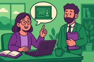 Illustration cartoon représentant une scène de bureau colorée liée au congé d'enseignement ou de recherche, avec une salariée expliquant un projet à son superviseur dans un décor aux tons verts et violets.