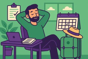 Illustration cartoon représentant un salarié détendu dans un bureau, symbolisant un congé sans solde, avec des tons dominants verts et violets.