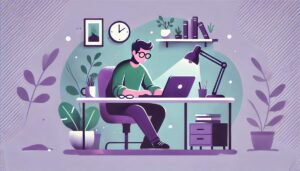 Illustration cartoon d’une personne travaillant sur son ordinateur dans un environnement de bureau moderne aux tons verts et violets. L’image évoque une ambiance de concentration et de productivité, idéale pour illustrer une démo Silae ou une présentation liée à un logiciel de gestion.