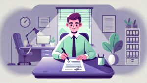 Illustration représentant la fin du CDD multi-remplacement en 2025, avec un employeur consultant un calendrier indiquant la date du 13 avril 2025, et des documents de contrats de travail empilés sur un bureau.