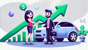 Illustration en style cartoon montrant une personne achetant un véhicule, avec un concessionnaire souriant à côté d'une voiture brillante. En arrière-plan, une courbe ascendante symbolise la hausse du taux des avantages en nature (AEN) véhicule. Les couleurs dominantes sont le vert et le violet, renforçant une ambiance dynamique et positive