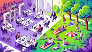 Illustration en mode cartoon représentant le lundi de Pentecôte 2025, avec un contraste entre des employés travaillant dans un bureau et des personnes profitant de leur jour de repos dans un parc. Les couleurs dominantes sont le vert et le violet, symbolisant l'équilibre entre travail et détente.