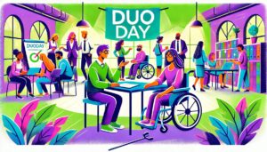 Illustration colorée en style cartoon représentant un environnement de travail inclusif pour encourager à participer au DuoDay. Un mentor professionnel accompagne une personne en situation de handicap dans une ambiance collaborative et bienveillante, mettant en avant l’inclusion et l’égalité des chances.