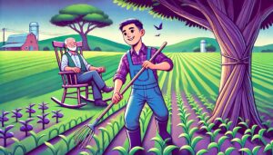 Illustration cartoon représentant les réformes sociales du secteur agricole : un jeune agriculteur travaille dans un champ verdoyant, symbolisant les aides à l'installation, tandis qu'un agriculteur retraité se repose sous un arbre, illustrant l'amélioration des pensions de retraite. Les couleurs dominantes sont le vert et le violet, mettant en avant un climat optimiste pour l'avenir du monde agricole.